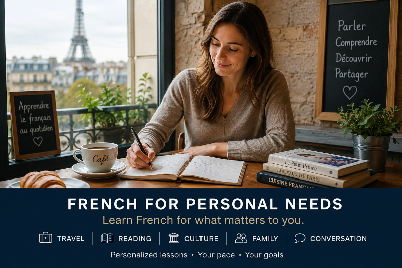 Woman writting and communicating in French