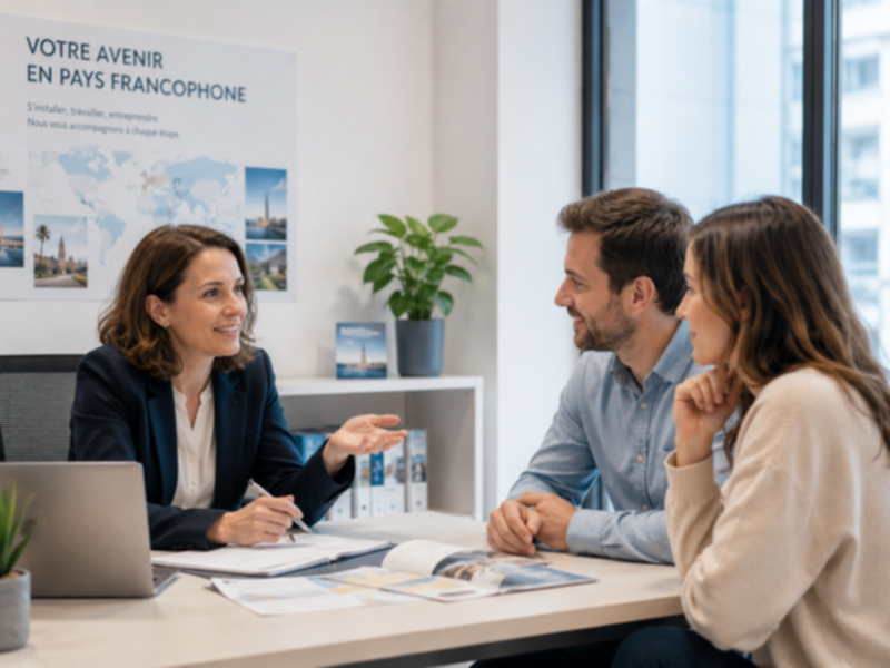 Couple in a office for expatriation to a French talking country