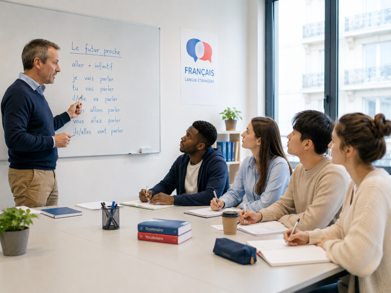Teacher with a board in the background